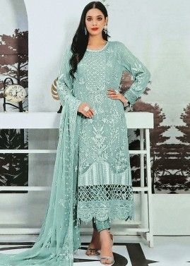 Green Embroidered Pant Suit In Georgette