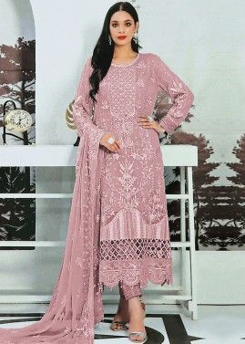 Pink Thread Embroidered Pant Suit Set