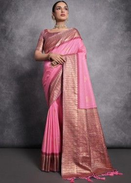 Pink Woven Work Tussar Silk Saree