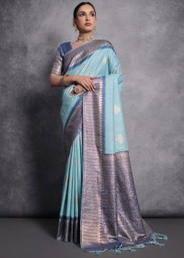 Blue Woven Work Saree In Tussar Silk