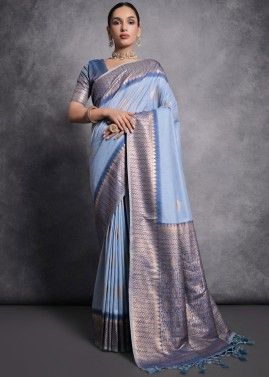 Blue Woven Tussar Silk Saree & Blouse