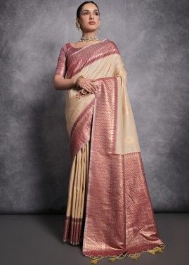 Cream Tussar Silk Saree In Woven Work