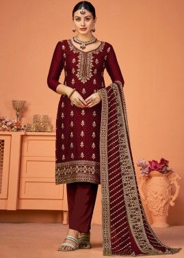 Maroon Embroidered Pant Suit In Georgette 