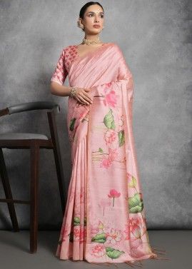 Peach Tussar Silk Saree In Floral Print