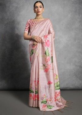 Pink Printed Tussar Silk Saree & Blouse