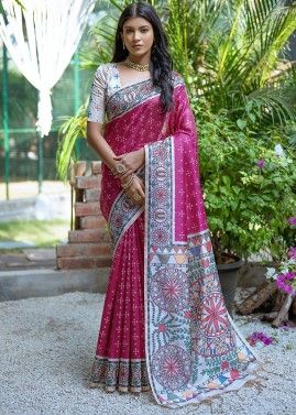 Pink Printed Saree In Tussar Silk