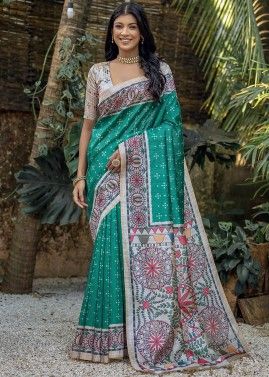 Green Tussar Silk Saree In Printed Work