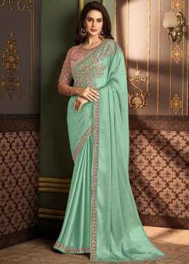 Green Embroidered Border Saree & Blouse