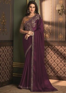 Purple Banglori Silk Saree In Thread Embroidered