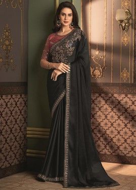 Black Thread Embroidered Banglori Silk Saree