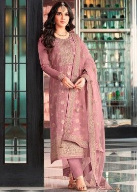 Mauve Pink Embroidered Jacquard Pant Suit