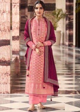 Pink Woven Detailed Pant Suit In Jacquard