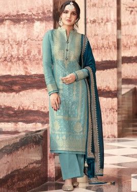 Blue Jacquard Pant Suit In Woven Work