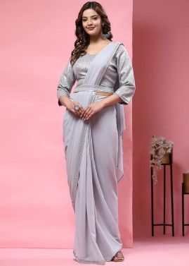 Grey Embroidered Pre-Stitched Saree & Blouse