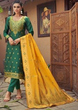 Green Banarasi Silk Suit Set In Zari Woven