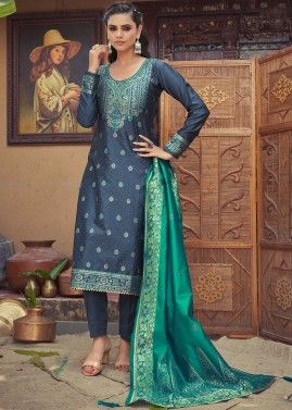 Blue Zari Woven Suit Set In Banarasi Silk
