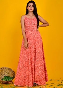 Orange Floral Block Printed Indo Western Dress
