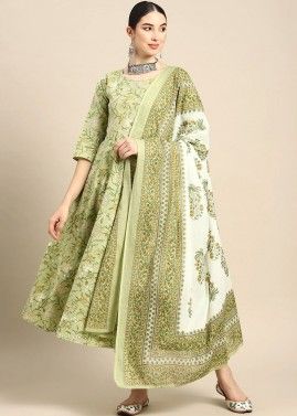 Green Floral Printed Anarkali Suit Set