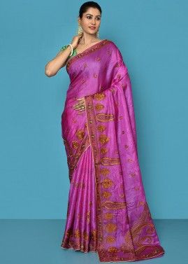 Pink Resham Work Saree In Tussar Silk