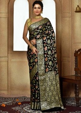 Black Zari Woven Saree In Art Silk