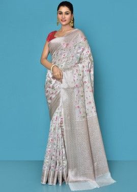 White Zari Woven Saree In Banarasi Silk