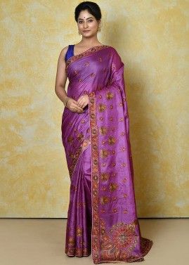 Purple Resham Work Saree In Art Silk