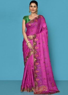 Pink Resham Work Saree In Art Silk