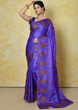 Purple Resham Work Saree In Art Silk