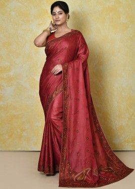 Red Resham Work Saree In Art Silk