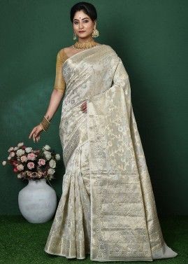 Off-White Zari Woven Saree In Art Silk