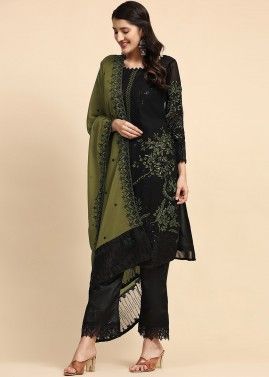 Black Georgette Pant Suit In Thread Embroidery