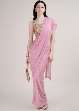 Pink Readymade Embroidered Saree