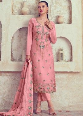 Pink Embroidered Suit Set In Organza