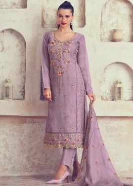 Purple Embroidered Organza Suit Set