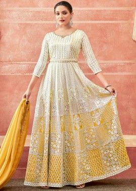 Shaded Yellow Embroidered Anarkali Style Suit
