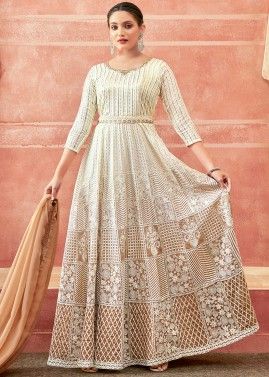 Shaded Brown Goergette Embroidered Anarkali Suit
