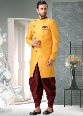 Yellow Silk Readymade Sherwani With Dhoti