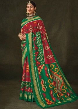 Red Silk Saree In Printed Work