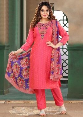Pink Resham Embroidered Readymade Pant Suit