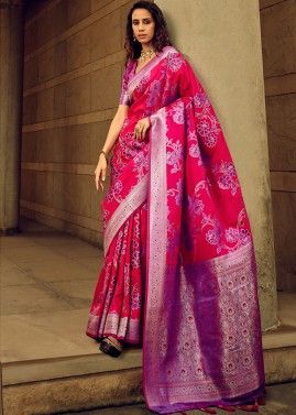 Pink Zari Woven Saree In Satin