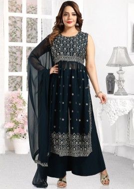 Blue Readymade Embroidered Palazzo Suit In Georgette