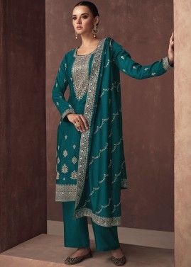 Teal Green Embroidered Silk Pant Style Suit