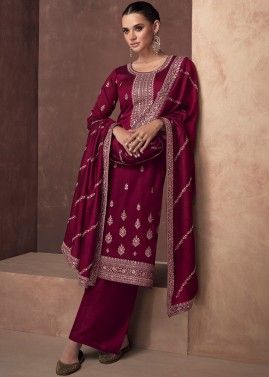Wine Embroidered Pant Style Suit In Silk