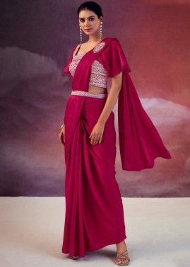 Pre-Stitched Pink Embroidered Georgette Saree