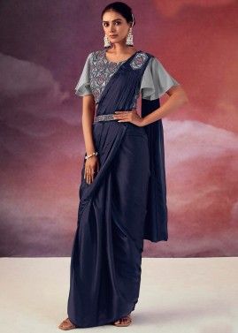 Navy Blue Pre-Stitched Embroidered Saree