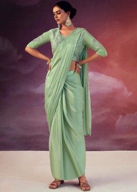 Light Green Pre-Stitched Embroidered Georgette Saree