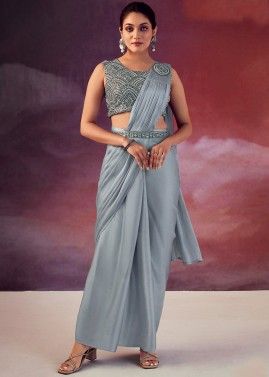 Grey Pre-Stitched Embroidered Georgette Saree