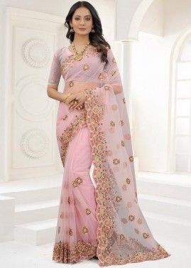Pink Resham Embroidered Saree & Blouse