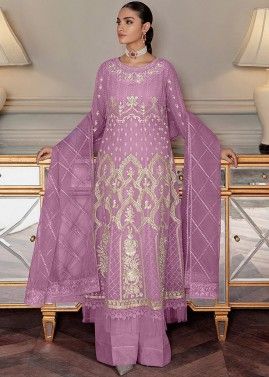 Purple Embroidered Palazzo Suit In Net