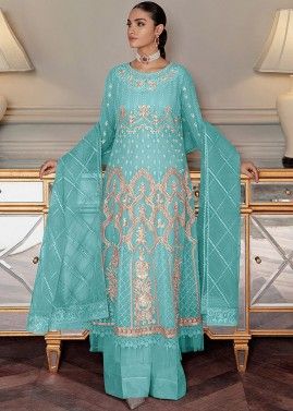 Sky Blue Embroidered Net Palazzo Suit